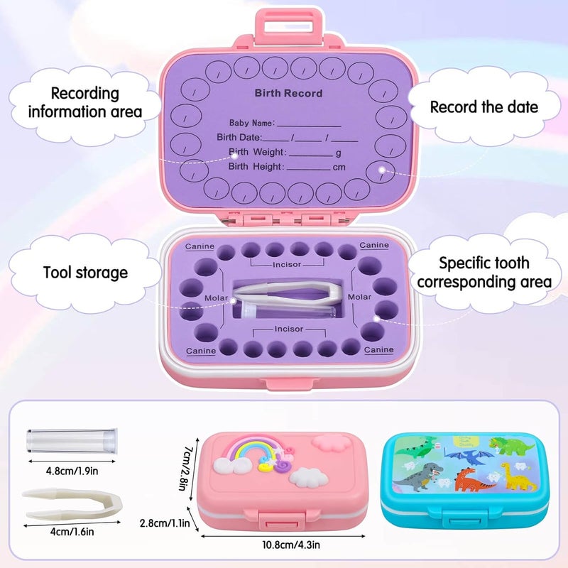 Caffox 2 Pack Tooth Holders for Kids Keepsake, Tooth Fairy Box, First Tooth Keepsake Box, Tooth Collection Container Boxes for Lost Teeth for Kids, Baby Teeth Saver Storage Case (Rainbow and Dinosaur) - Image 2